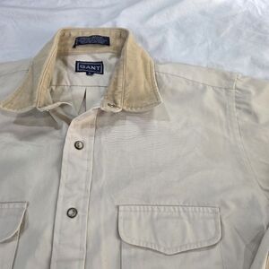 Vintage GANT Cream Colored Chore Shirt w/Flap Pockets and Elbow Patches. L